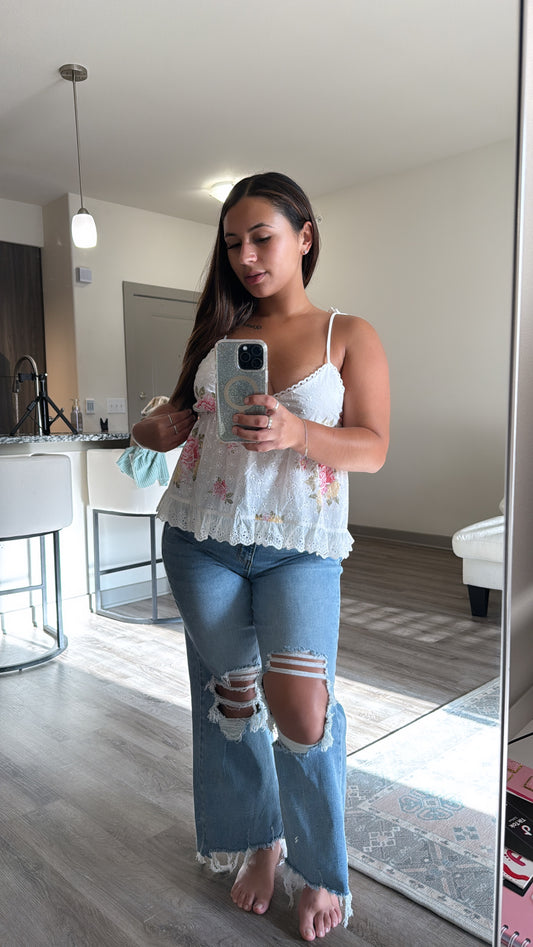 Cropped Denim Ripped Jean - Medium Wash